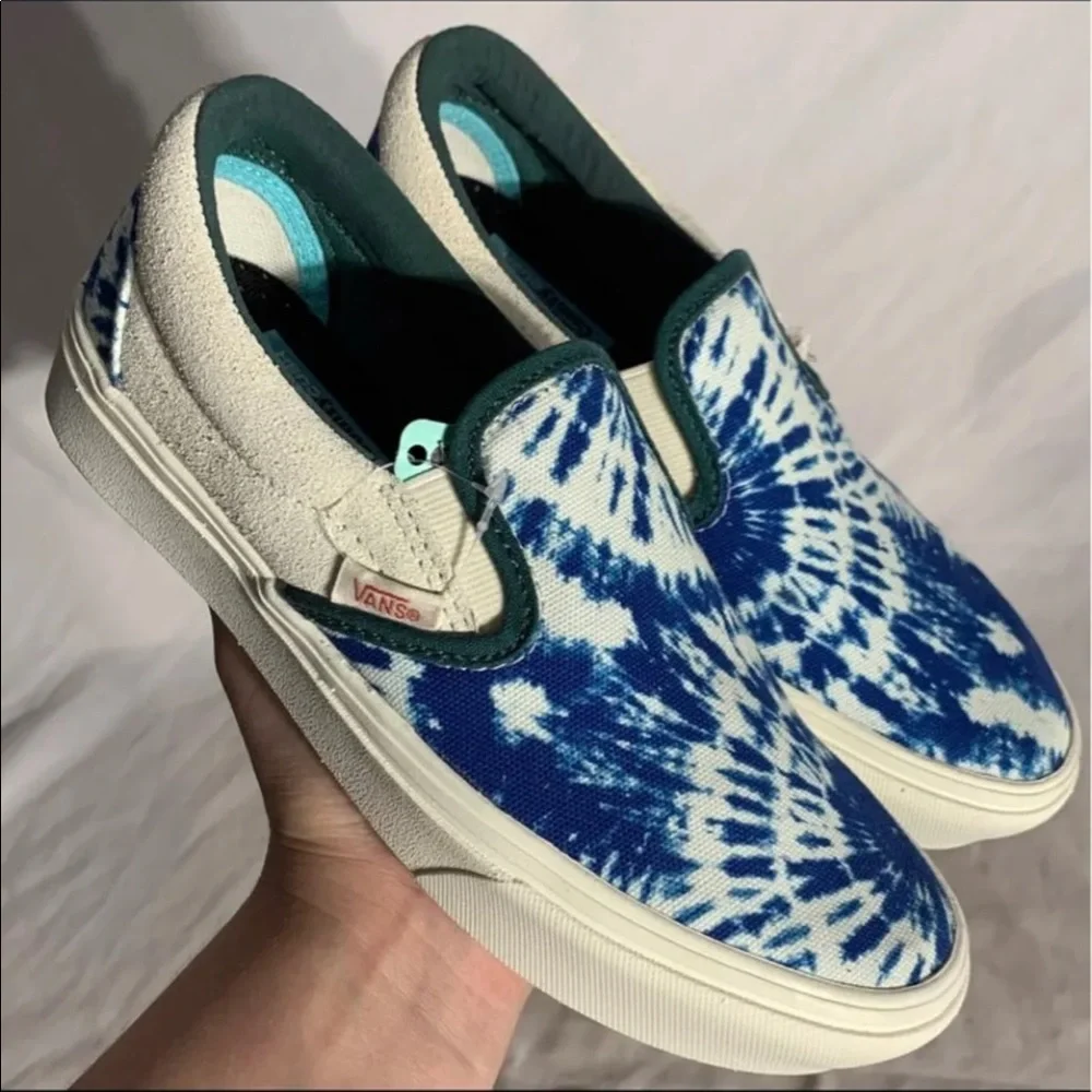 Vans Slip-On Sneakers in Blue Tie-Dye and White with Green Trim